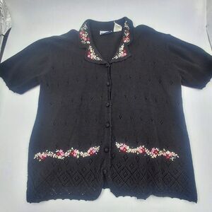 Vintage Black Short Sleeve Cardigan Embroidered Flowers Floral Women Size Large